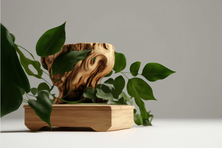 3d render of a wooden stand with a plant on a gray backgroundの写真素材