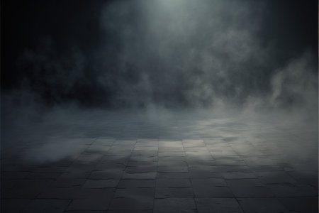 Dark scene with cobblestone floor and fog. 3d renderingの写真素材