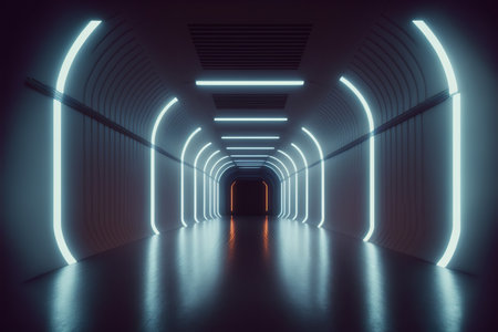 Futuristic interior with neon lights. 3D Rendering.の写真素材