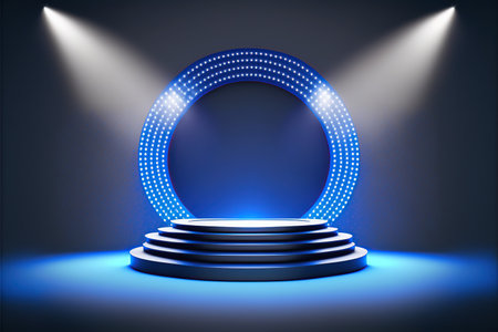 Stage podium with lighting, Stage Podium Scene with for Award Ceremony on blue Background. illustrationの写真素材