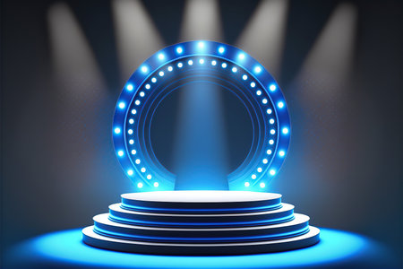 Stage podium with lighting, Stage Podium Scene with for Award Ceremony on blue Background. illustrationの写真素材