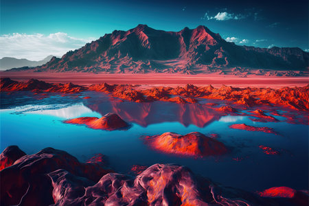 Alien Planet - 3D Rendered Computer Artwork. Rocks and lakeの写真素材