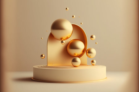 3d render of abstract geometric forms. Glossy golden podium with round shapes.の写真素材