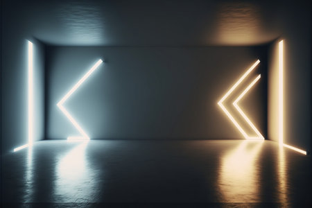 3D rendering of an empty room with neon lights on the wallsの写真素材