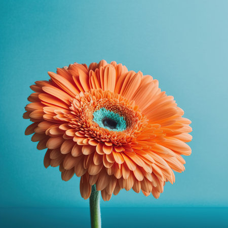 Orange gerbera flower on blue background. Minimal style.の写真素材