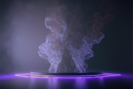Podium with smoke and neon light. Abstract background. 3d renderingの写真素材