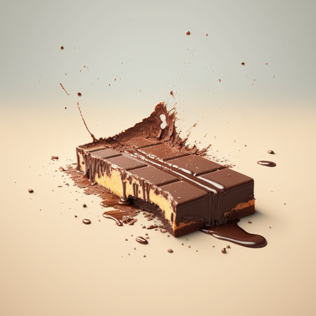 Chocolate bar with chocolate splashes and drops on a light backgroundの写真素材