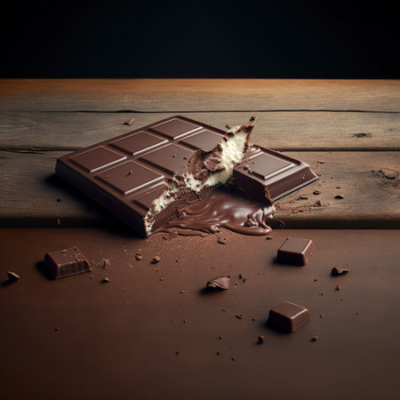 Broken dark chocolate bar on wooden table with chocolate pieces on dark backgroundの写真素材