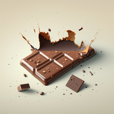 Chocolate bar with chocolate pieces and chocolate splashes isolated on white backgroundの写真素材