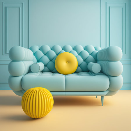 3d render of blue sofa with yellow ball in the living roomの写真素材