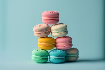 Colorful macaroons on blue background. Sweet macaroon.の写真素材