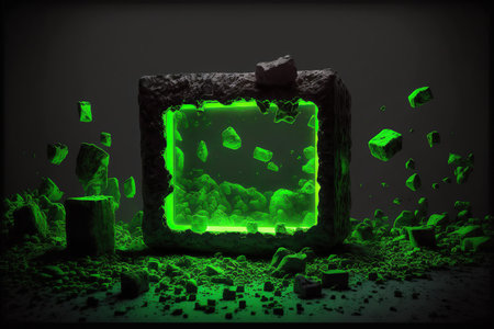 3d rendering of stone cube with green neon light on dark backgroundの写真素材