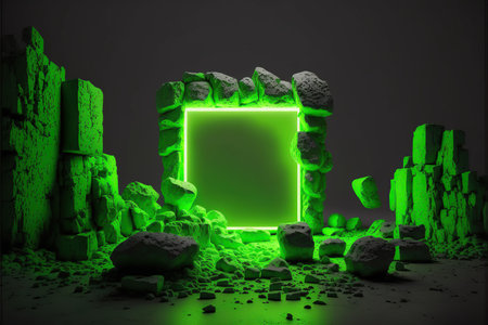 3d rendering of a green neon frame in an ancient stone wallの写真素材
