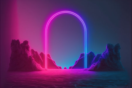 3d render, abstract background with neon arch, pink and blueの写真素材