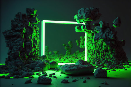 3d rendering of an illuminated door in the form of a stone wallの写真素材