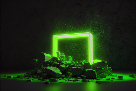 3D rendering of an illuminated neon sign on a dark wall backgroundの写真素材