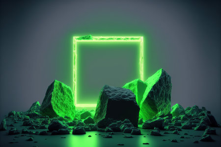 3d render, abstract background, neon light, green square frameの写真素材