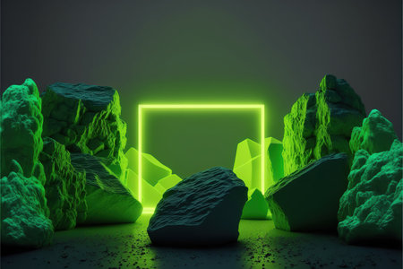 3D rendering of an abstract background with green neon lights and rocksの写真素材