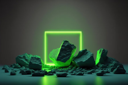 3d render of abstract background with green neon light and stone wallの写真素材