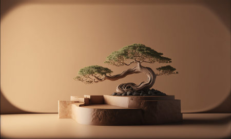 Bonsai tree in pot on brown background. 3D renderingの写真素材