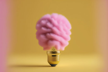 Creative idea concept. Lightbulb with pink fluffy cloud inside. 3D Renderingの写真素材
