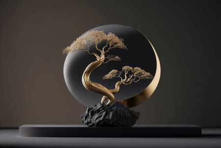 3d render, black and gold bonsai tree in a glass ballの写真素材