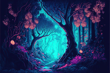 Fantasy forest with trees and moonlight. illustration for your designの写真素材