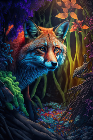 Digital painting of a fox in the forest. Colorful background.の写真素材