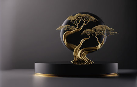 3d render, abstract black background with gold tree in glass ball.の写真素材