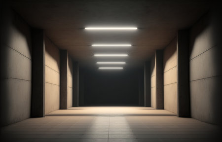 3D rendering of a corridor in a modern building with glowing lightsの写真素材