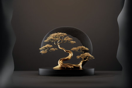 Bonsai tree in glass sphere. 3D render. Black background.の写真素材