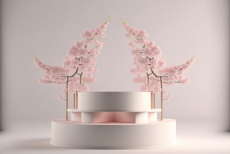 3d render of podium for product display with cherry blossom.