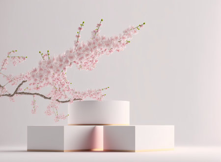 3d render of podium for product display with cherry blossom.の写真素材