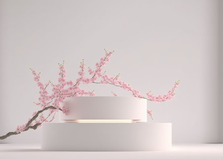3d render of white podium with cherry blossom branch on white backgroundの写真素材