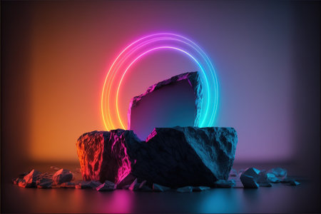 3d render, abstract background, geometric shapes, neon light.の写真素材