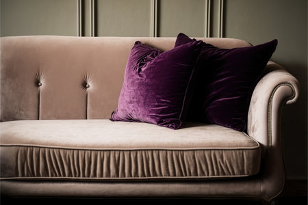 Comfortable sofa with purple pillows in living room. Vintage style.の写真素材