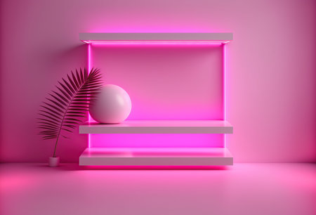 Minimal scene with pink podium and palm leaf. 3D renderingの写真素材