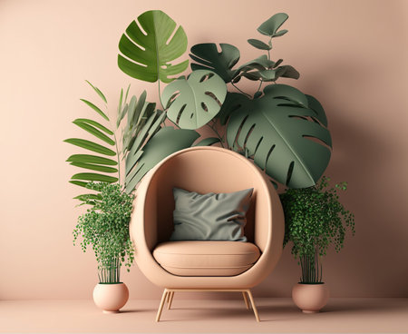 Comfortable armchair with pillows and monstera plant in vase. 3d renderingの写真素材
