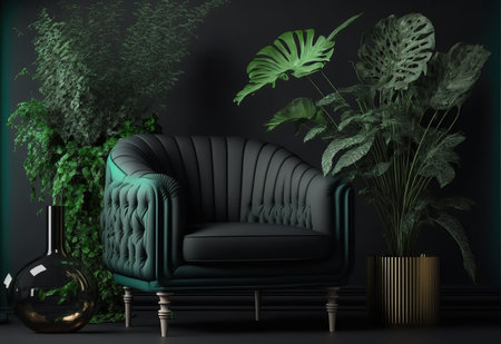 Interior of a modern living room with a black sofa, green plants and a vase. 3d renderingの写真素材