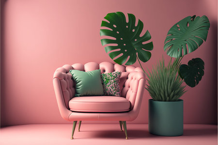 Luxury pink sofa with pillows and monstera leaves. 3d renderの写真素材