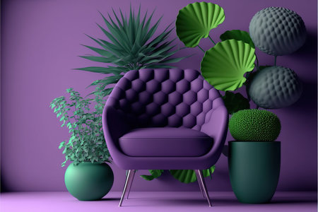Comfortable armchair in purple room with tropical plants. 3d renderingの写真素材