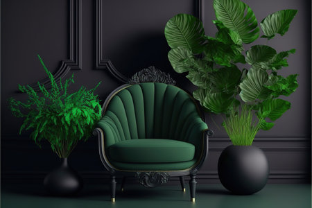 Green armchair in classic interior with plants. 3D render.の写真素材