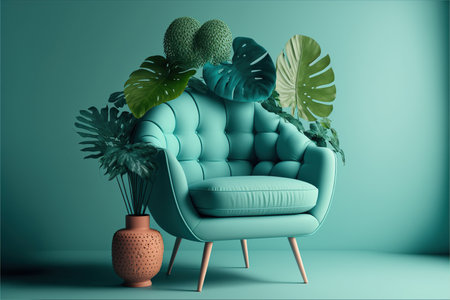 Vintage armchair with monstera plant in vase on blue wall background. 3D Renderingの写真素材