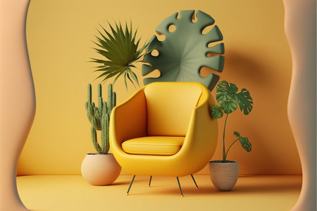 Yellow armchair with cactus in pot on yellow background. 3D renderingの写真素材