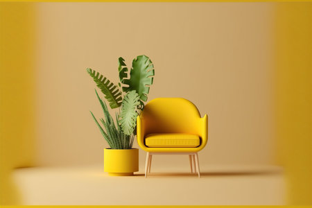 Yellow armchair with a plant in a pot. 3d renderingの写真素材