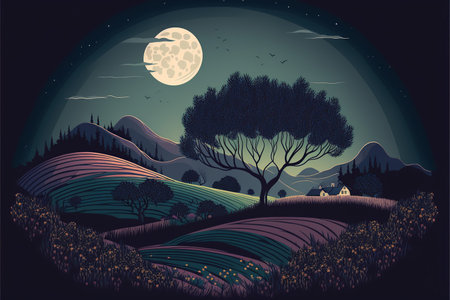 Vector illustration of a beautiful landscape with a full moon in the night.の写真素材