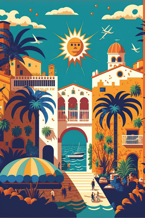 Venetian city landscape with palm trees and sun. illustrationの写真素材