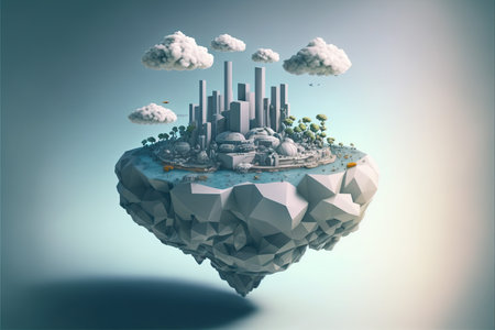Fantasy city in the form of a floating island. 3d renderingの写真素材