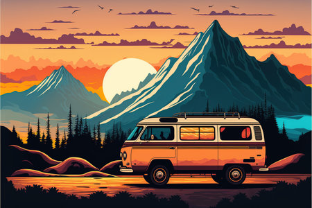Vintage camper van in the mountains at sunset. illustrationの写真素材
