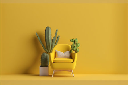 Yellow interior with yellow armchair and cactus. 3d renderの写真素材